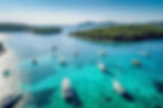 Aerial view of Paklinski Islands in Hvar, Croatia. Turquise water bays with luxury yachts 